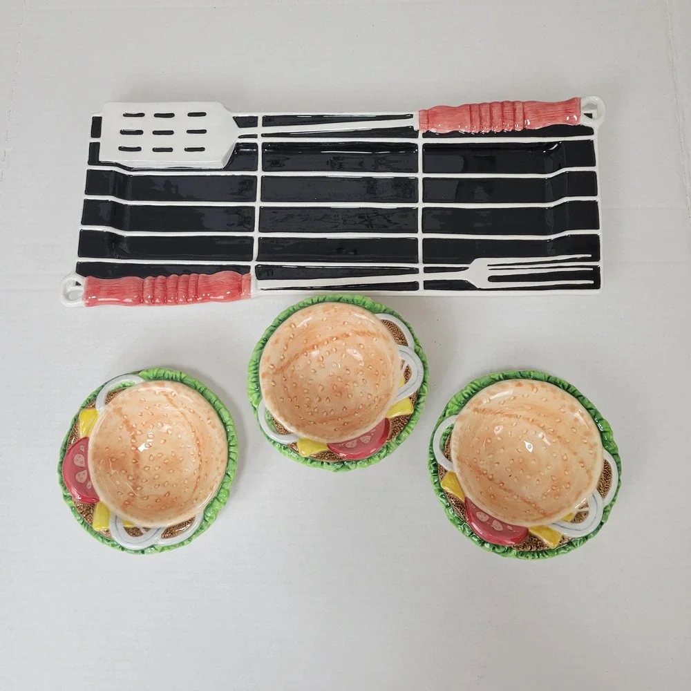 Fitz and Floyd Grillin and Chillin Burger Appetizer Platter‎ Bowl Set BBQ Party